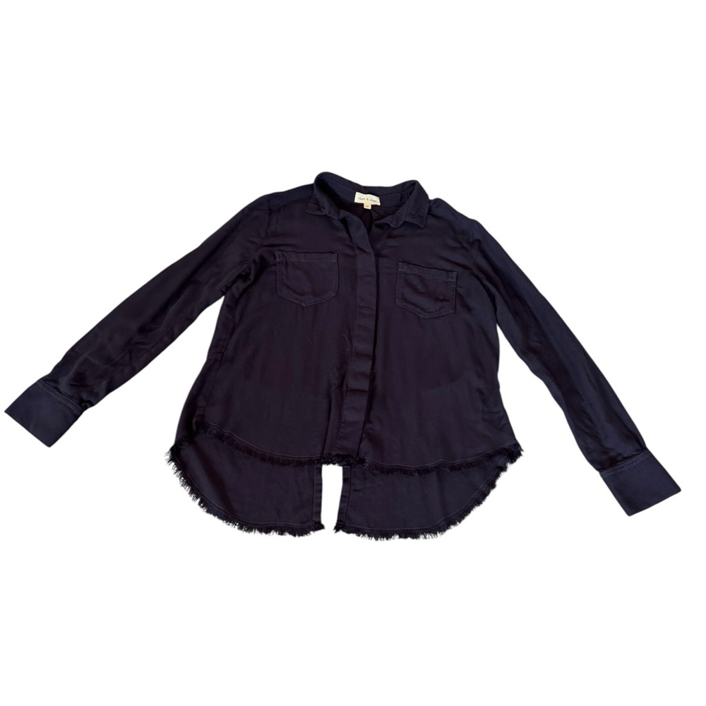 Cloth & Stone Women’s Navy Split Back Button Down Shirt SZ M Raw Hem Rayon
